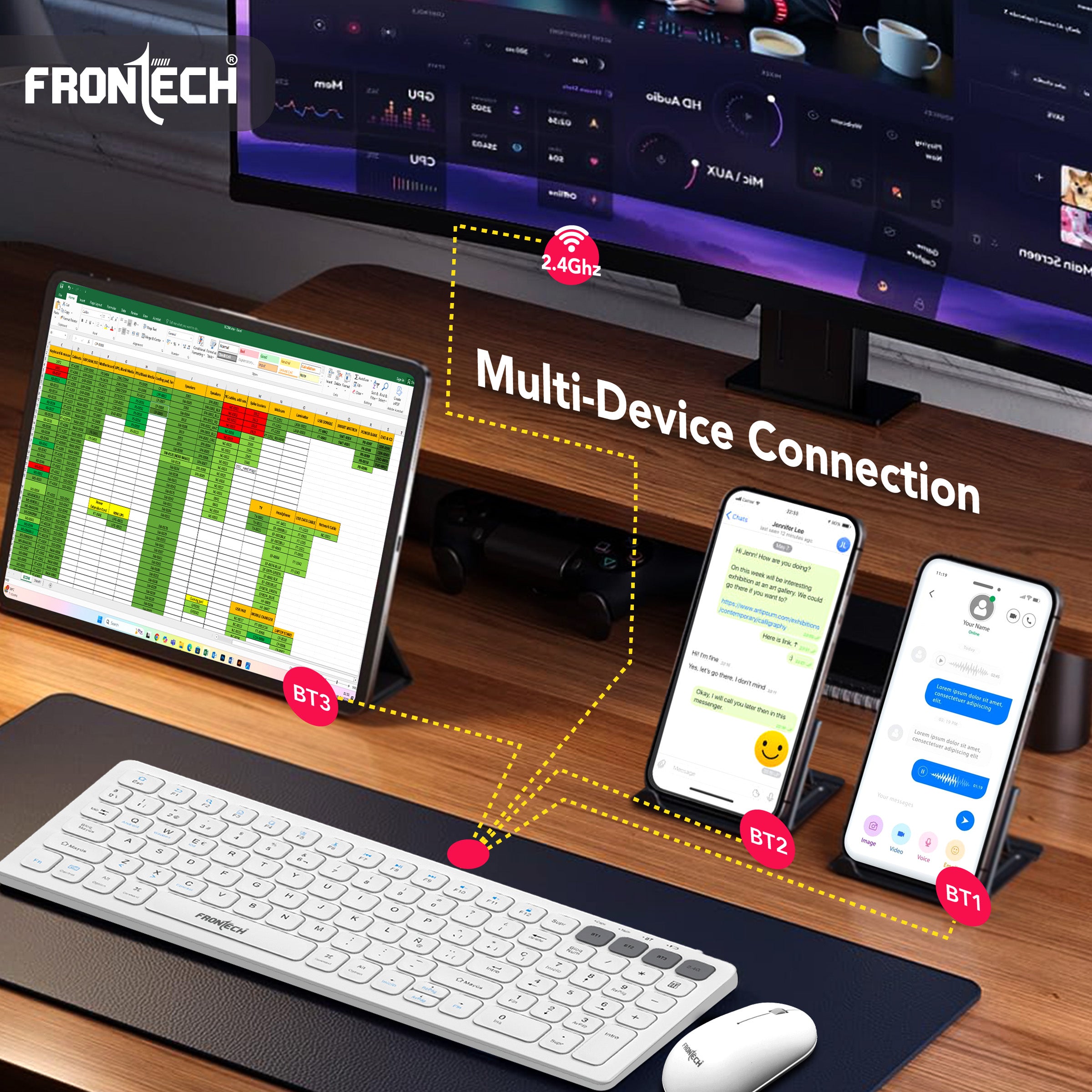 Frontech wireless keyboard & mouse combo | 2.4 Ghz |Transmission with built-in rechargeable battery |Multi-Device connection ( FT-1602A ) Frontech wireless keyboard & mouse combo | 2.4 Ghz |Transmission with built-in rechargeable battery |Multi-Device connection ( FT-1602A )
